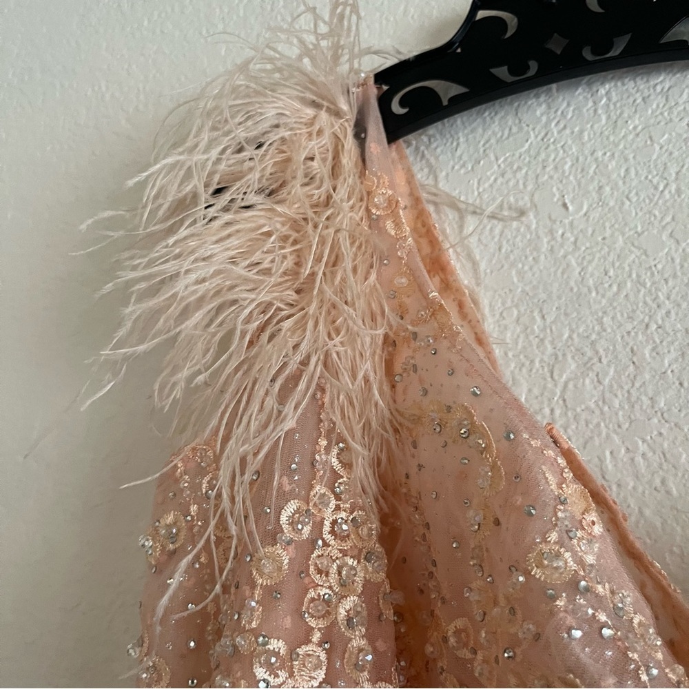 Mac Duggal Feather One‎ Shoulder A Line Peach Evening Gown Dress 20389 - Picture 6 of 8